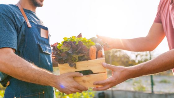 Photograph of a man in a tshirt and apron, passing a box of vegetables to another man at a farm market